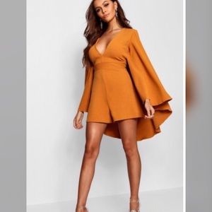 Mustard Extreme Cape Sleeve Plunge Romper